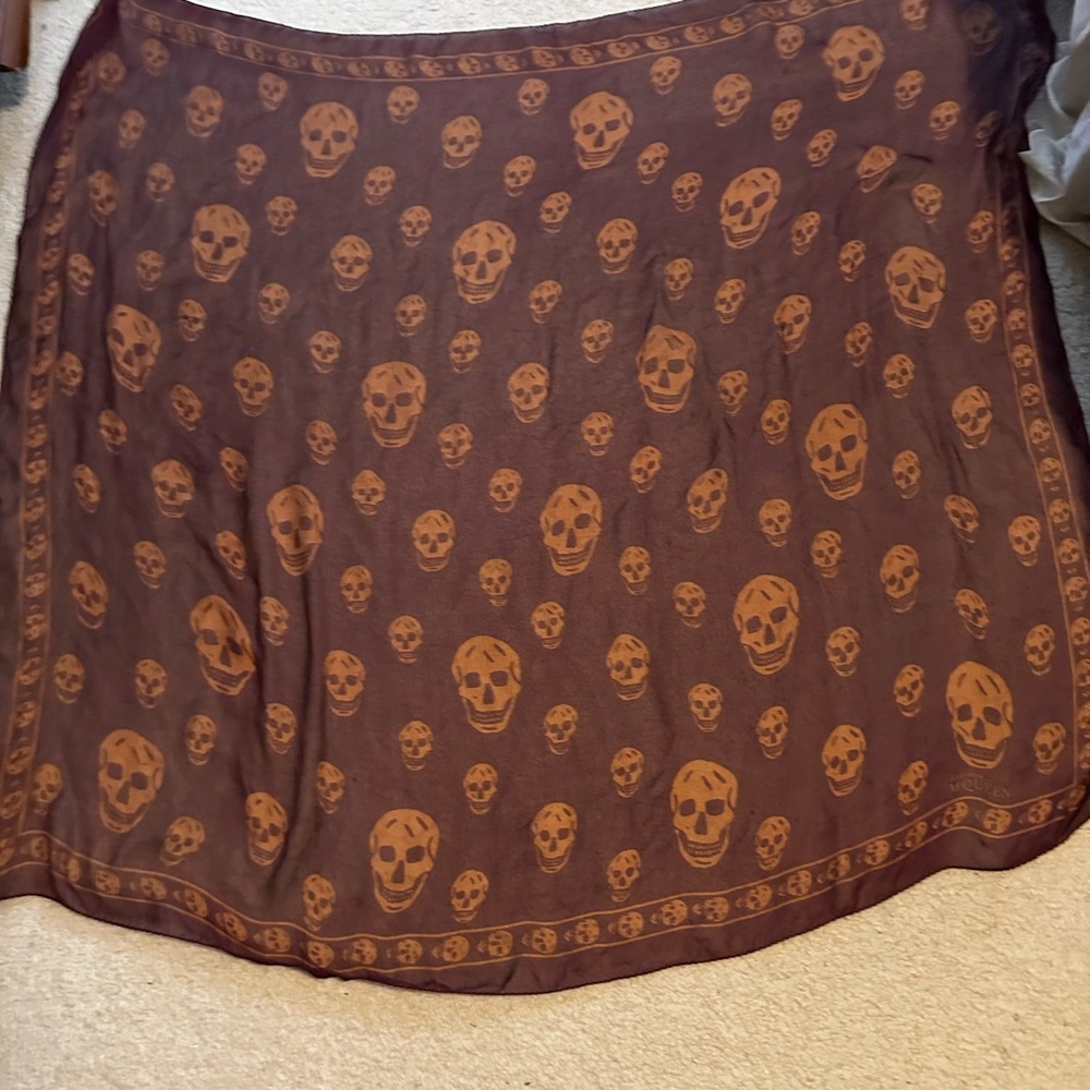 Alexander McQueen silk skull scarf. Orange and burgundy